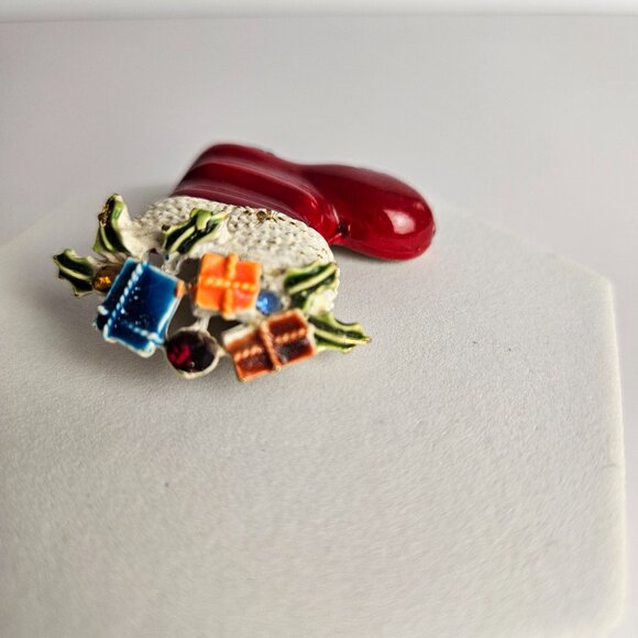 Vtg Christmas Boot & Stocking Brooch Set Signed ART & L-S Enamel Holiday Pins - Picture 3 of 16